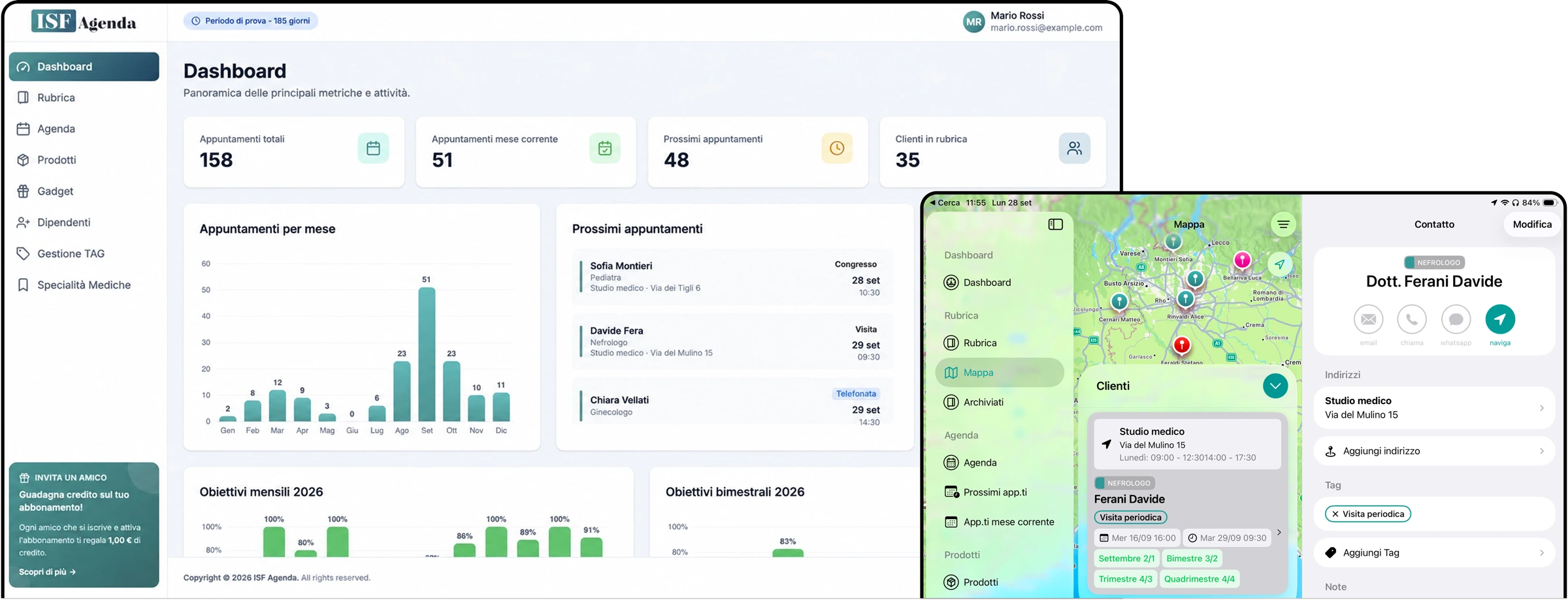 ISF Agenda: dashboard web e mappa clienti su iPad