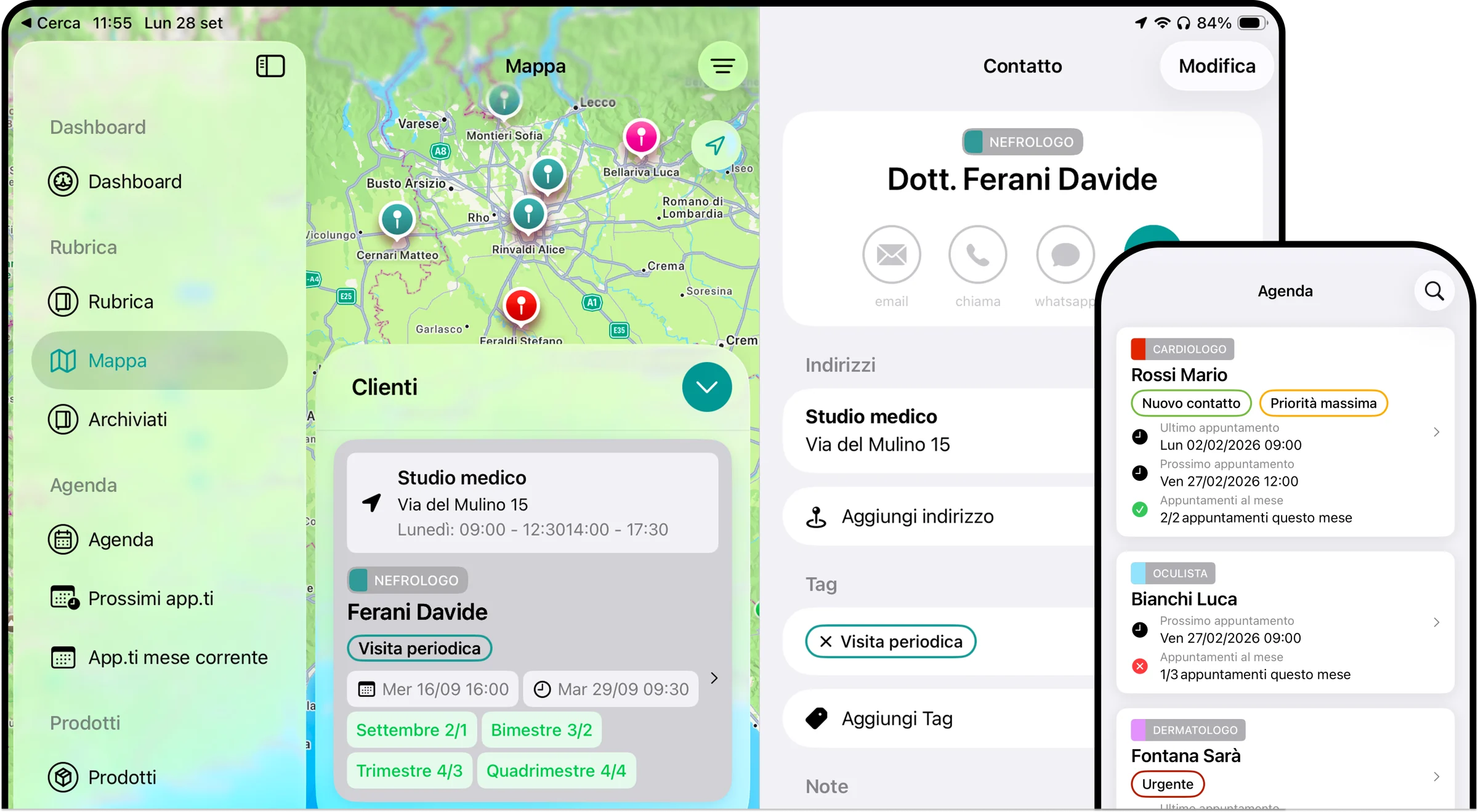 ISF Agenda su iPad e iPhone: mappa clienti, scheda contatto e agenda